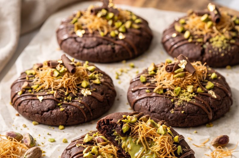 Pistachio Kunafa Chocolate Cookies
